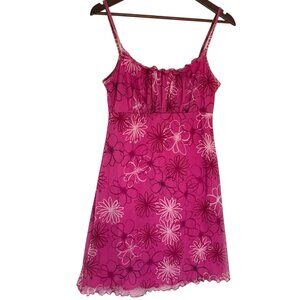 Vintage 90s Y2K Milkmaid Mini Sun Dress Large Pink Floral Babydoll Mesh Coquette